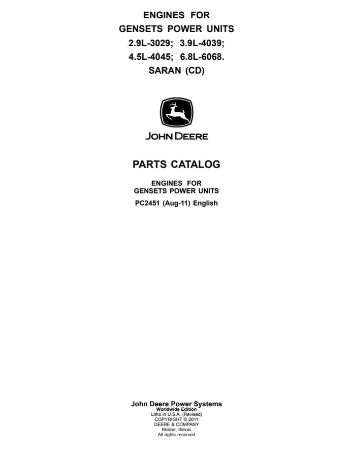 John Deere 2.9L 3029, 3.9L 4039, 4.5L 4045, 6.8L 6068 engines for gensets/power units, Saran (CD) Engine Parts catalog PC2451 — actual manual cover
