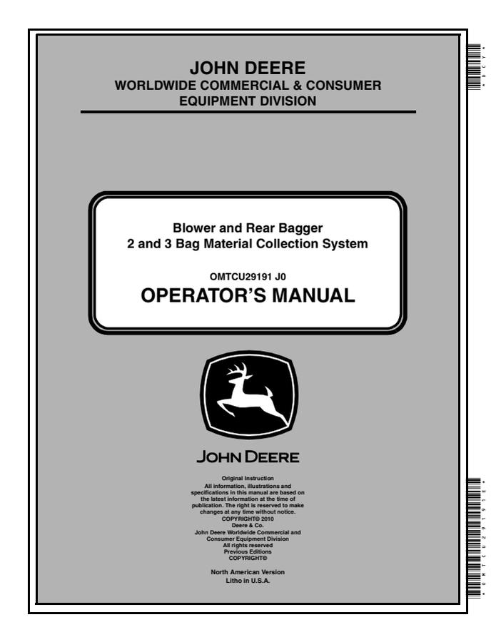 John Deere 2 and 3 bag Material collection system Operator manual OMTCU29191 — actual manual cover