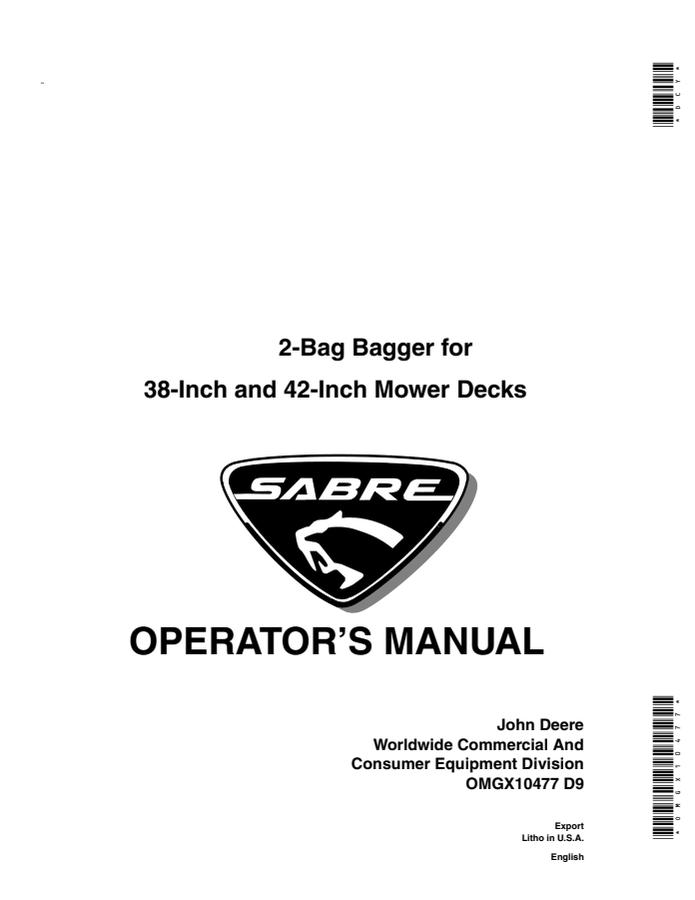 John Deere 2-bag bagger for 38-inch and 42-inch mower decks Bagging attachment Operator Manual OMGX10477 — actual manual cover