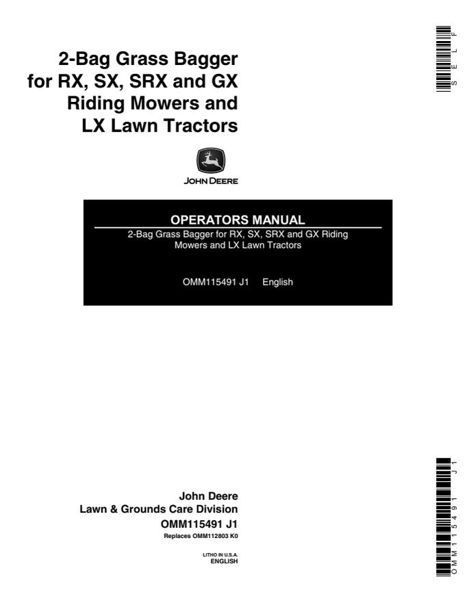 John Deere 2-Bag for RX, SX, SRX, GX, LX Grass bagger Operator manual OMM115491 — actual manual cover
