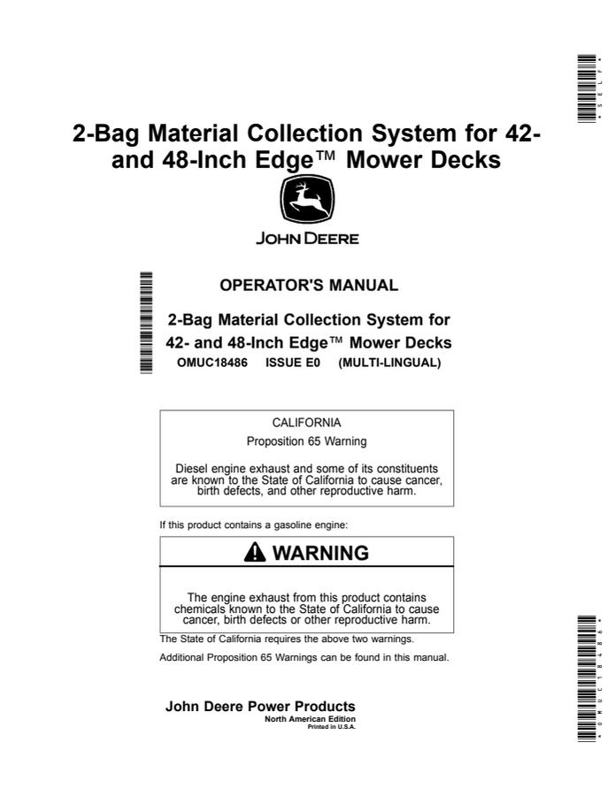 John Deere 2-Bag MCS, 42-inch and 48-inch Edge decks Material collection system Operator manual OMUC18486 — actual manual cover