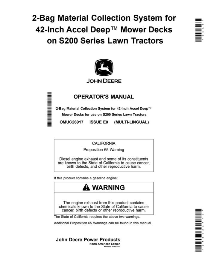John Deere 2-Bag system; 42-inch Accel Deep decks; S200 Series Lawn Tractors Material collection system Operator manual OMUC26917 — actual manual cover