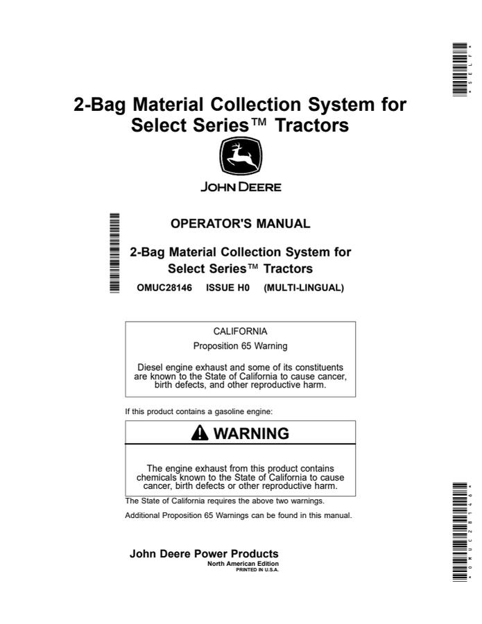 John Deere 2-Bag system; Select Series tractors Material collection system Operator manual OMUC28146 — actual manual cover