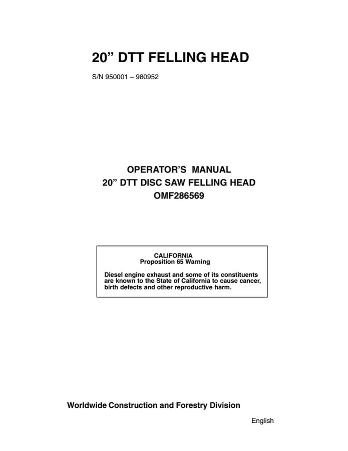 John Deere 20 in DTT Disc Saw Felling Head Operator manual OMF286569 — actual manual cover