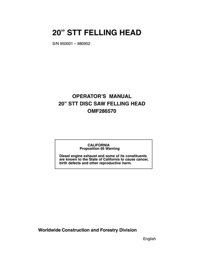 John Deere 20 in STT Disc Saw Felling Head Operator manual OMF286570 — actual manual cover