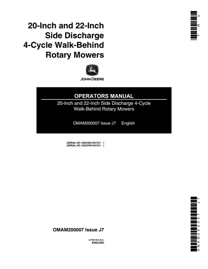 John Deere 20-Inch, 22-Inch Walk-behind rotary mower Operator manual OMAM200007 — actual manual cover