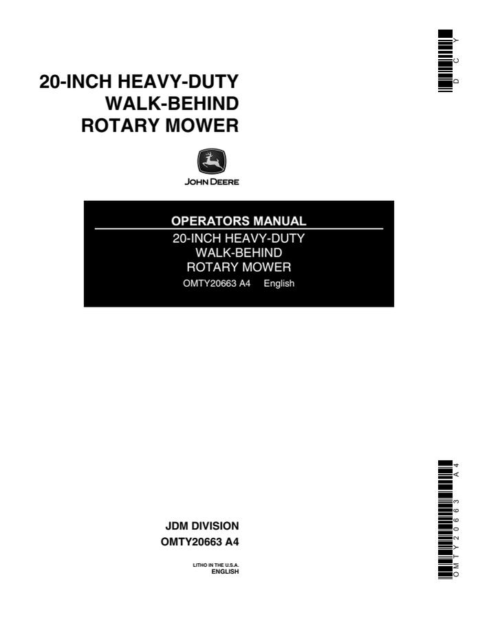 John Deere 20-Inch Heavy-Duty Walk-behind rotary mower Operator manual OMTY20663 — actual manual cover