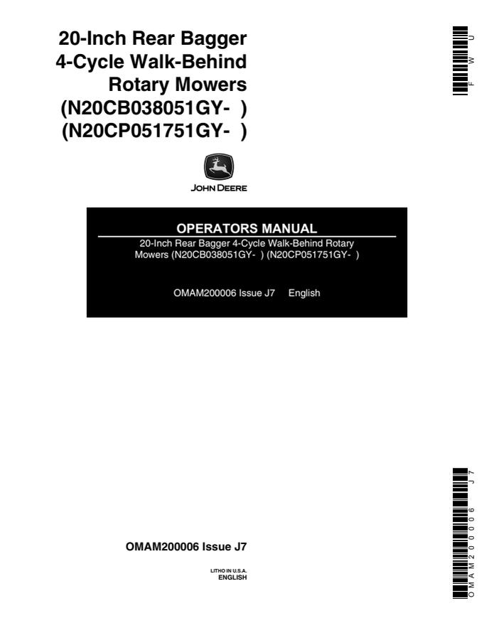 John Deere 20-Inch Rear Bagger Walk-behind rotary mower Operator manual OMAM200006 — actual manual cover