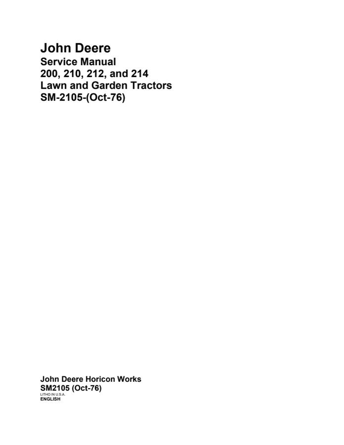 John Deere 200, 210, 212, 214 Tractor Service manual SM2105 — actual manual cover