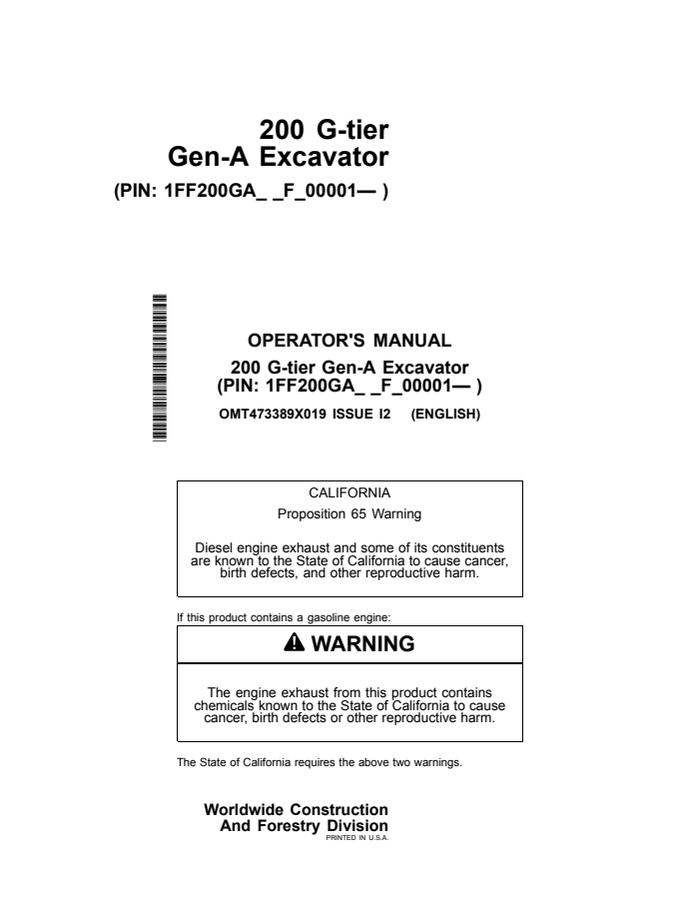 John Deere 200 G-tier Gen-A Excavator Operator manual OMT473389X01 — actual manual cover