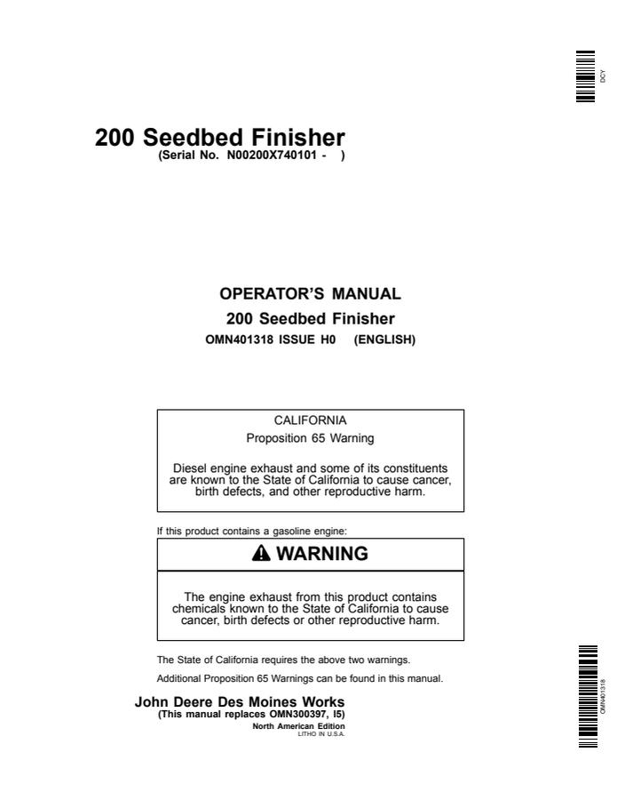 John Deere 200 Seedbed finisher Operator manual OMN401318 — actual manual cover