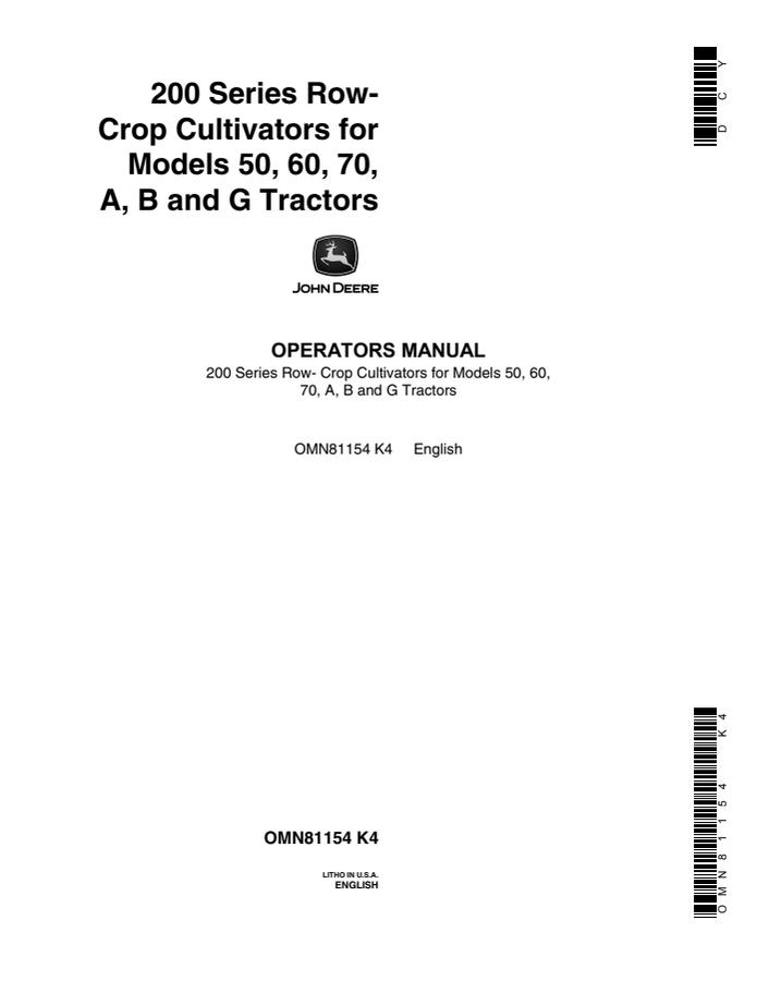 John Deere 200 Series Row-crop cultivator Operator manual OMN81154 — actual manual cover