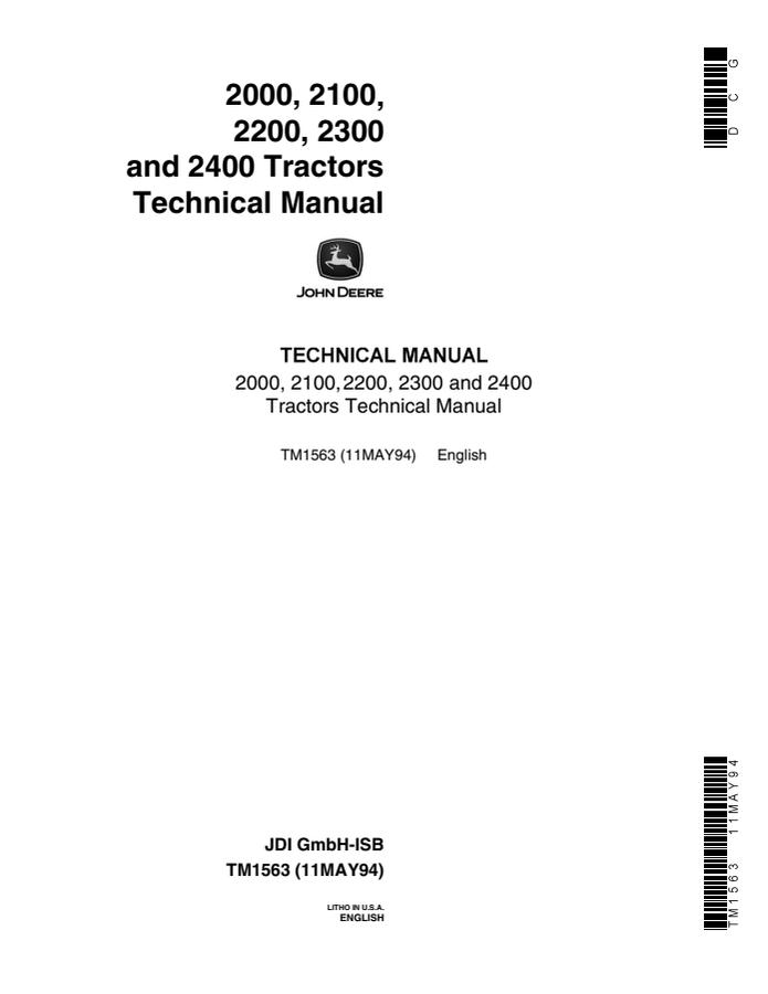 John Deere 2000, 2100, 2200, 2300, 2400 Tractor Technical manual TM1563 — actual manual cover
