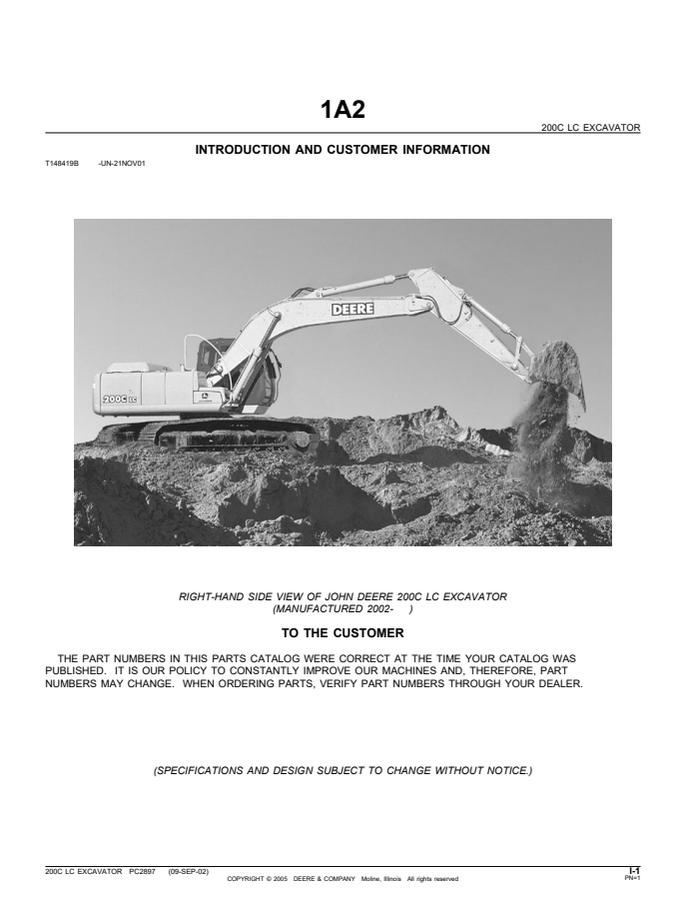 John Deere 200C LC Excavator Parts Catalog — actual manual cover