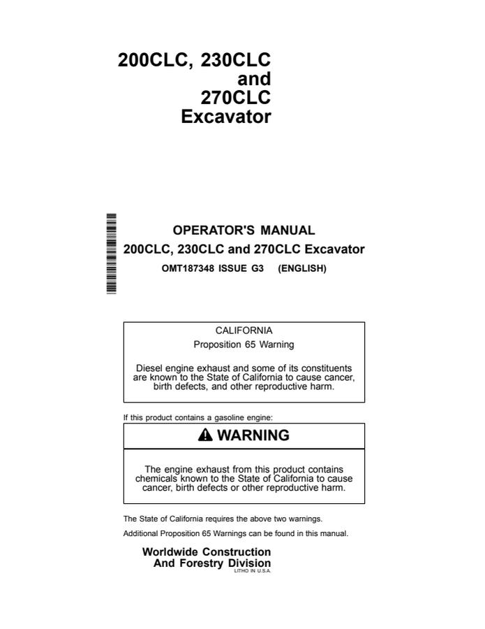 John Deere 200CLC, 230CLC, 270CLC Excavator Operator manual OMT187348 — actual manual cover