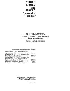 John Deere 200CLC; 230CLC; 270CLC Excavator Repair Technical Manual TM1931 — actual manual cover