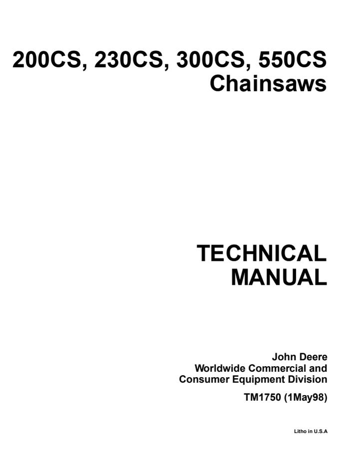 John Deere 200CS, 230CS, 300CS, 550CS Chainsaw Technical manual TM1750 — actual manual cover