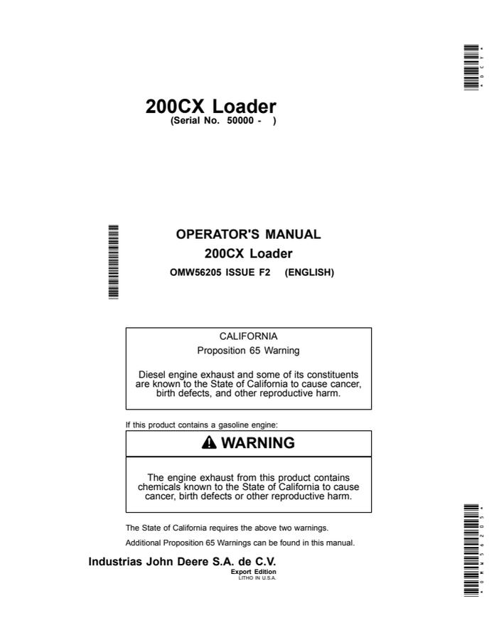 John Deere 200CX Loader Operator manual OMW56205 — actual manual cover