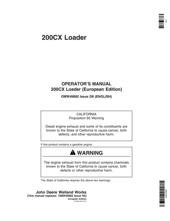 John Deere 200CX Loader Operator's Manual — actual manual cover