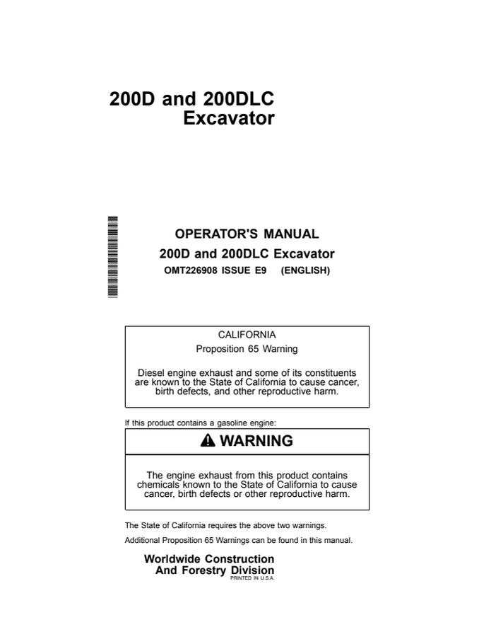 John Deere 200D, 200DLC Excavator Operator manual OMT226908 — actual manual cover