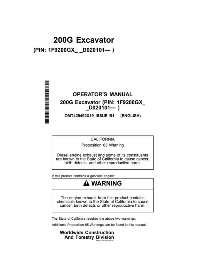 John Deere 200G Excavator Operator manual OMT429492X19 — actual manual cover