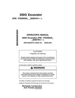 John Deere 200G Excavator Operator manual OMT429492X19 — actual manual cover
