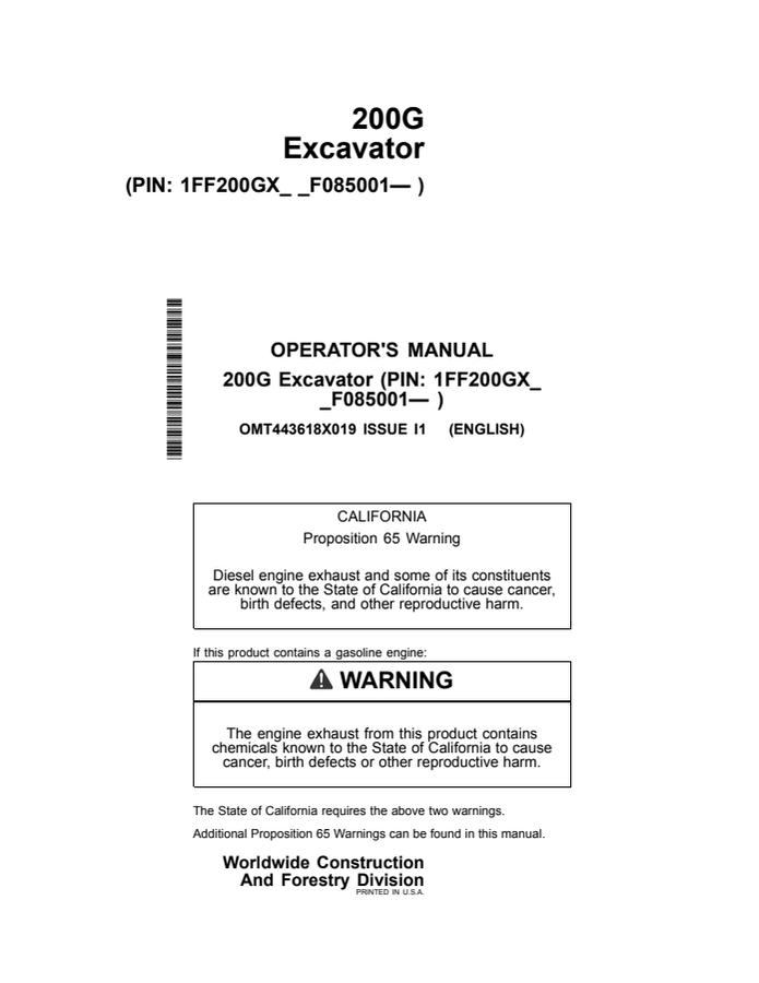 John Deere 200G Excavator Operator manual OMT443618X01 — actual manual cover