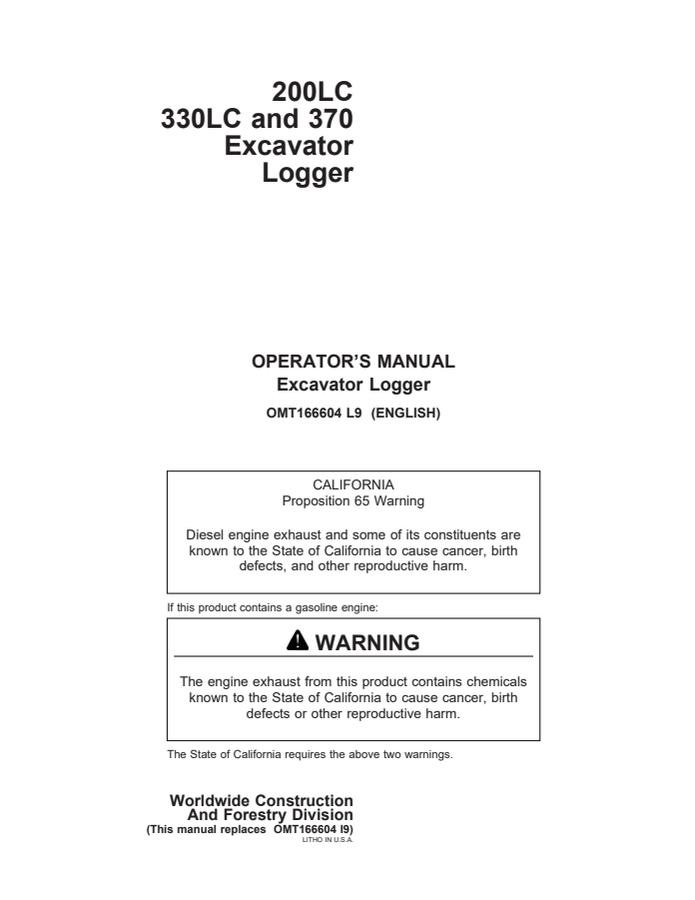 John Deere 200LC, 330LC, 370 Excavator logger Operator manual OMT166604 — actual manual cover