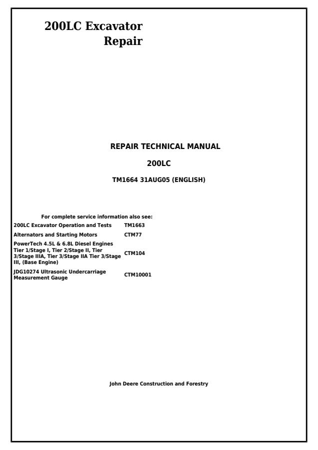 John Deere 200LC Excavator Repair Manual — actual manual cover
