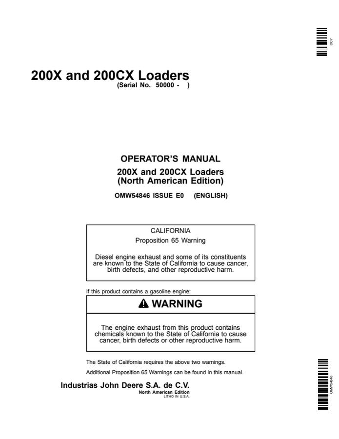 John Deere 200X, 200CX Loader Operator manual OMW54846 — actual manual cover