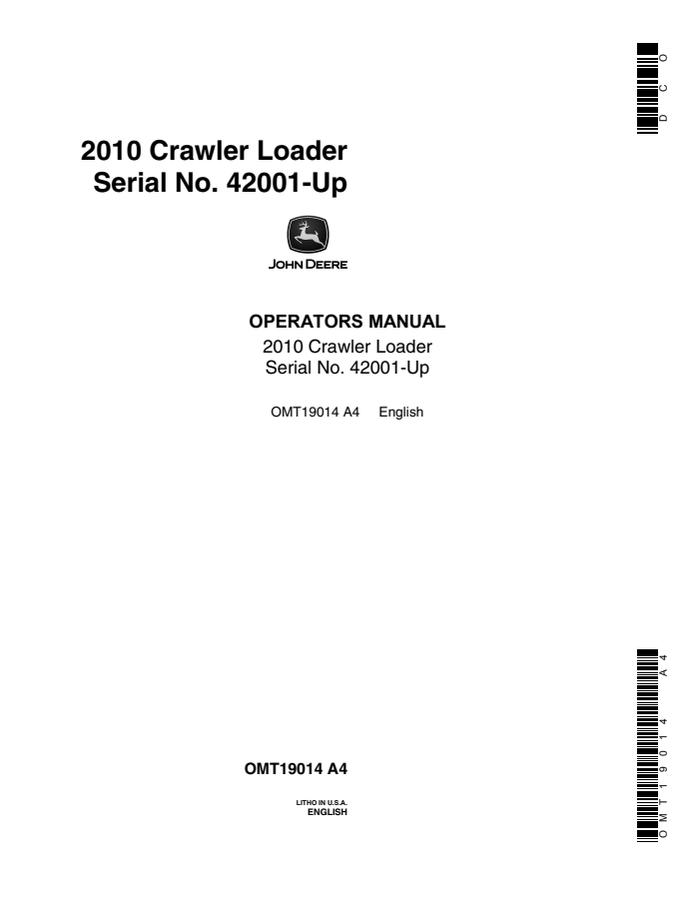 John Deere 2010 Crawler loader Operator manual OMT19014 — actual manual cover