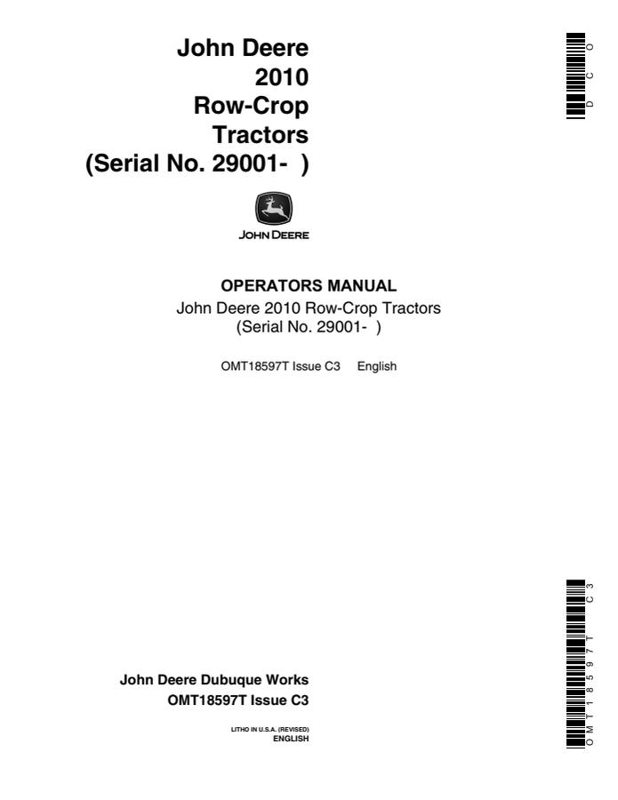 John Deere 2010 Row-Crop Tractor Operator manual OMT18597T — actual manual cover
