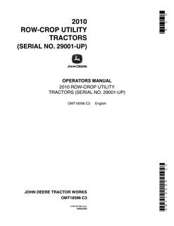 John Deere 2010 Row-Crop Utility Tractor Operator manual OMT18596 — actual manual cover