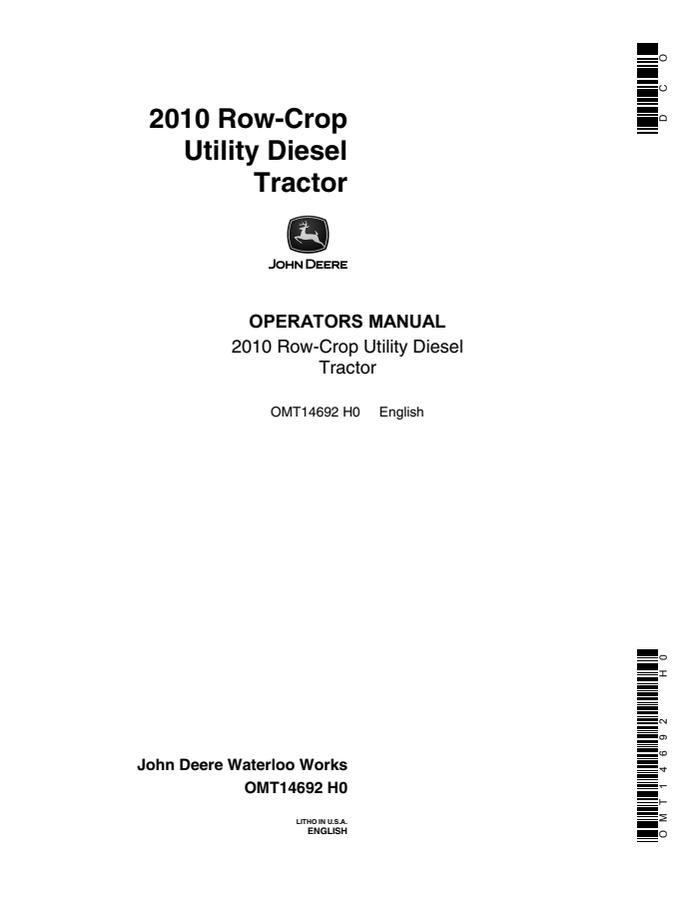 John Deere 2010 Tractor Operators manual OMT14692 — actual manual cover
