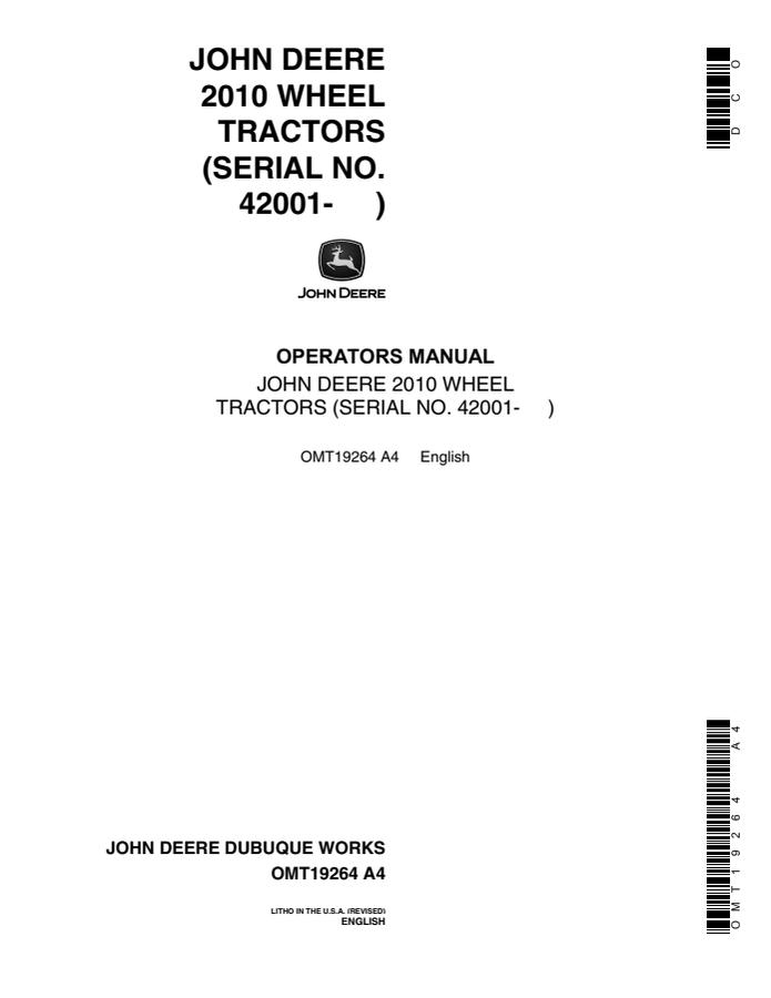 John Deere 2010 Wheel Tractor Operator manual OMT19264 — actual manual cover