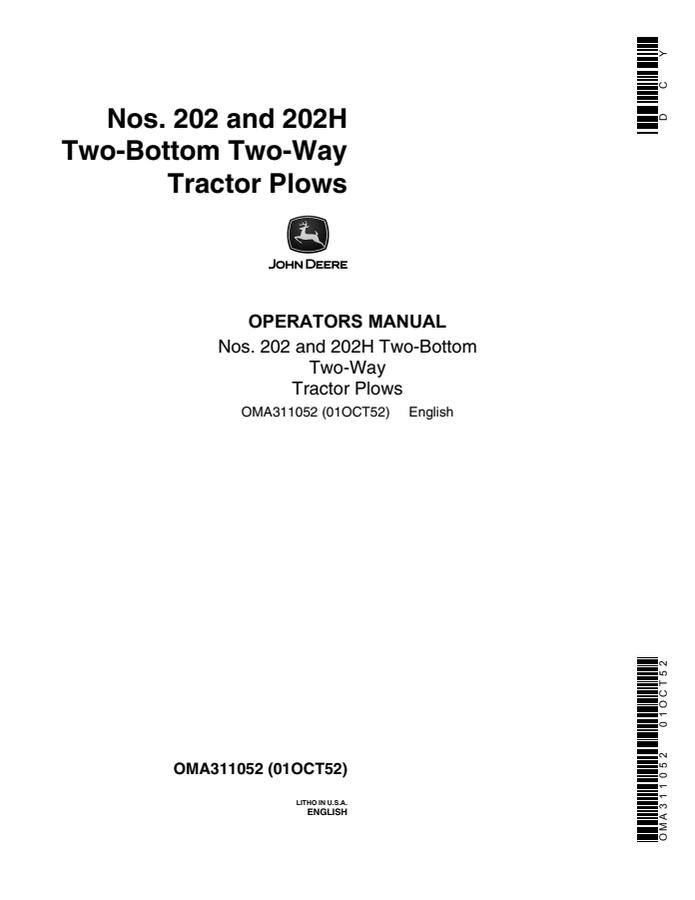 John Deere 202, 202H Tractor plow Operator Manual OMA311052 — actual manual cover