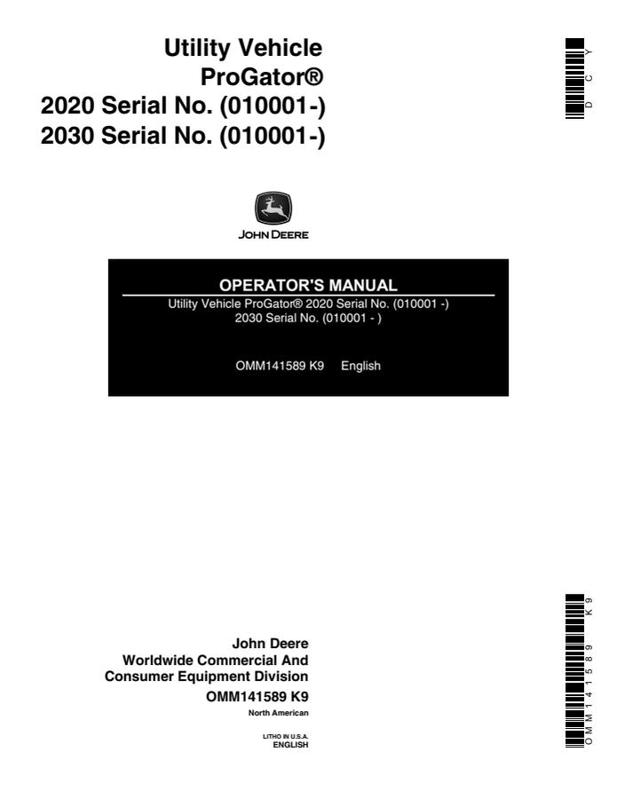 John Deere 2020, 2030 Utility vehicle Operator manual OMM141589 — actual manual cover