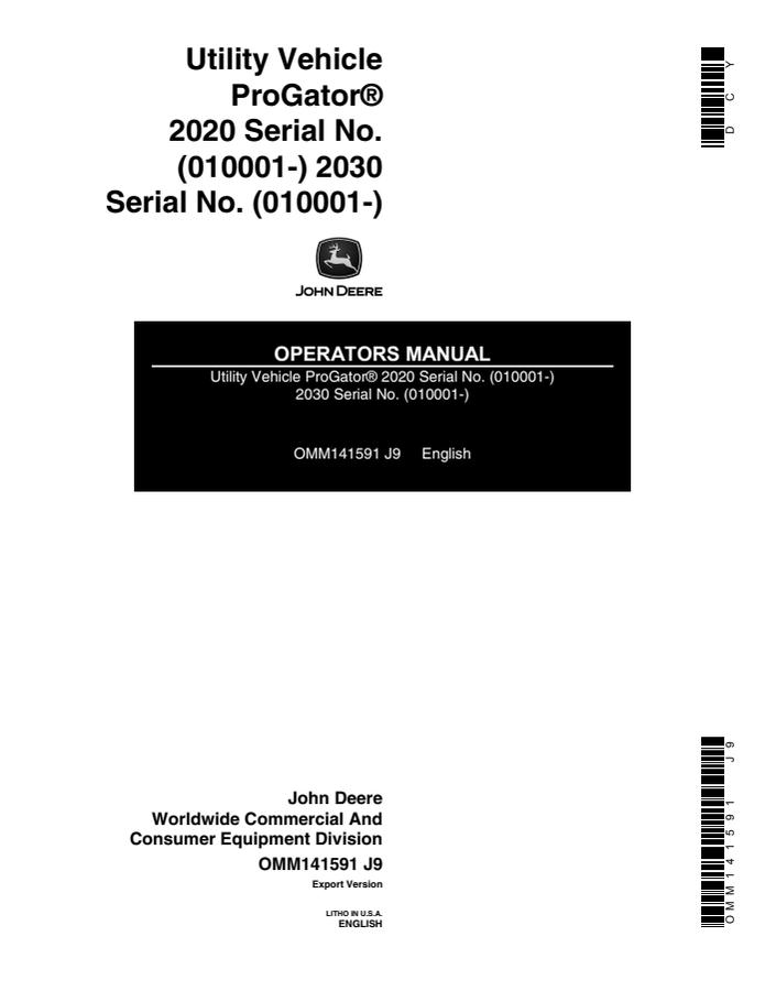 John Deere 2020, 2030 Utility vehicle Operator manual OMM141591 — actual manual cover