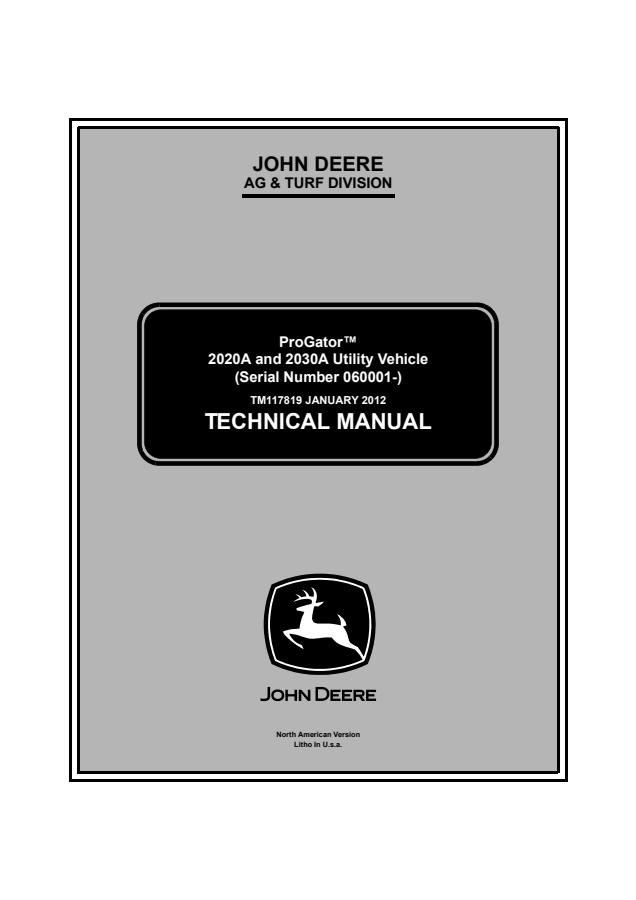 John Deere 2020A, 2030A ProGator Utility Vehicle Technical Manual TM117819 — actual manual cover