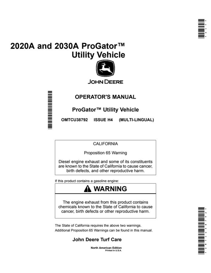 John Deere 2020A, 2030A Utility vehicle Operator manual OMTCU38792 — actual manual cover