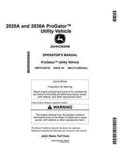 John Deere 2020A, 2030A Utility vehicle Operator manual OMTCU38792 — actual manual cover