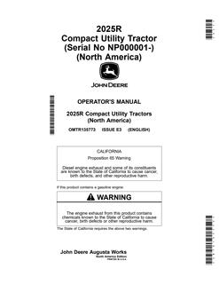 John Deere 2025R Compact utility tractor Operator manual OMTR135773 — actual manual cover