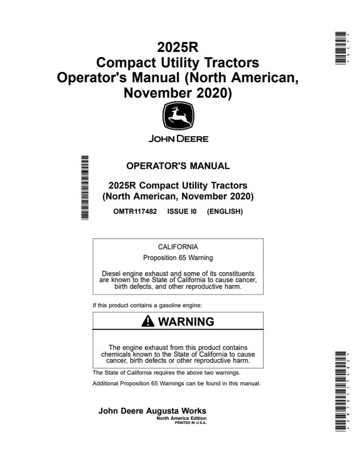 John Deere 2025R Compact Utility Tractors Operator's Manual — actual manual cover