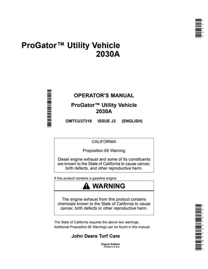 John Deere 2030A Utility vehicle Operator manual OMTCU37316 — actual manual cover