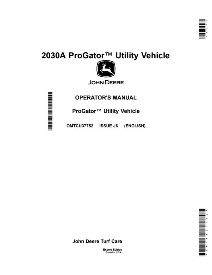 John Deere 2030A Utility vehicle Operator manual OMTCU37752 — actual manual cover