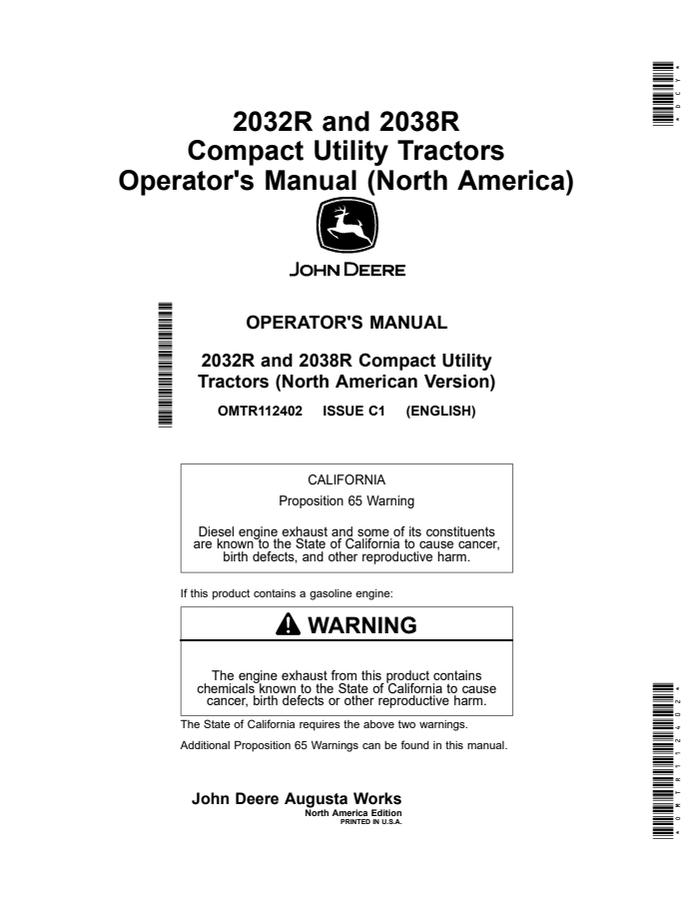 John Deere 2032R, 2038R Compact utility tractor Operator manual OMTR112402 — actual manual cover