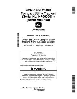 John Deere 2032R, 2038R Operator Manual OMTR135273 — actual manual cover