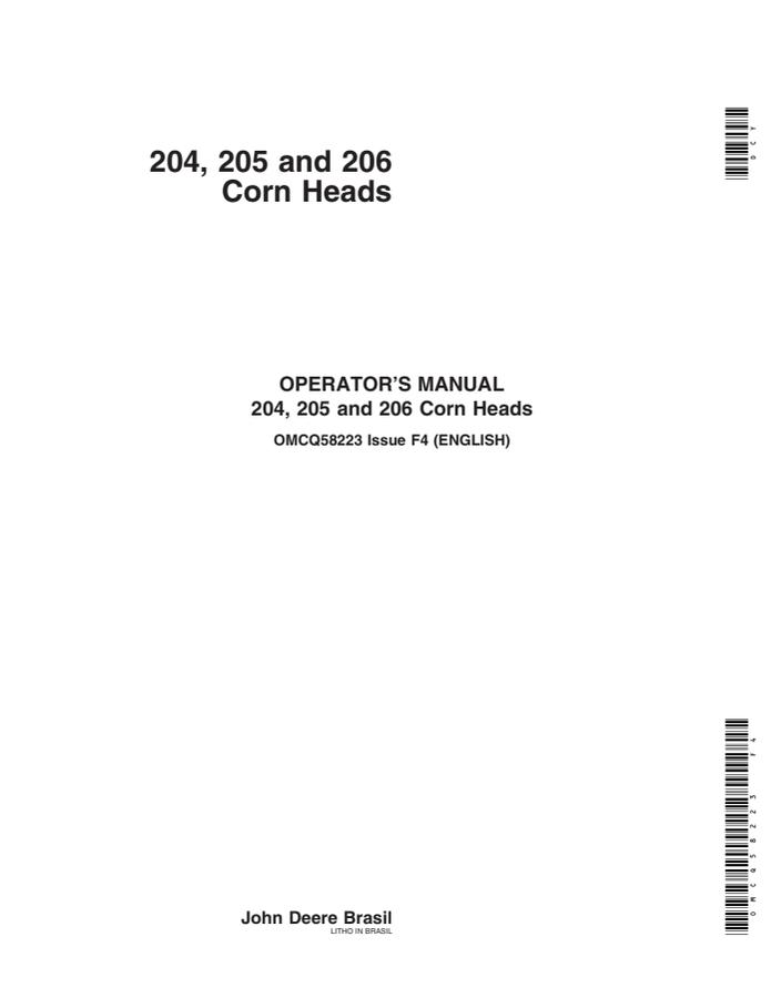 John Deere 204, 205, 206 Corn head Operator manual OMCQ58223 — actual manual cover