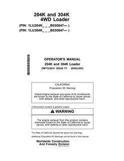 John Deere 204K, 304K 4WD Loader Operator manual OMT333031 — actual manual cover