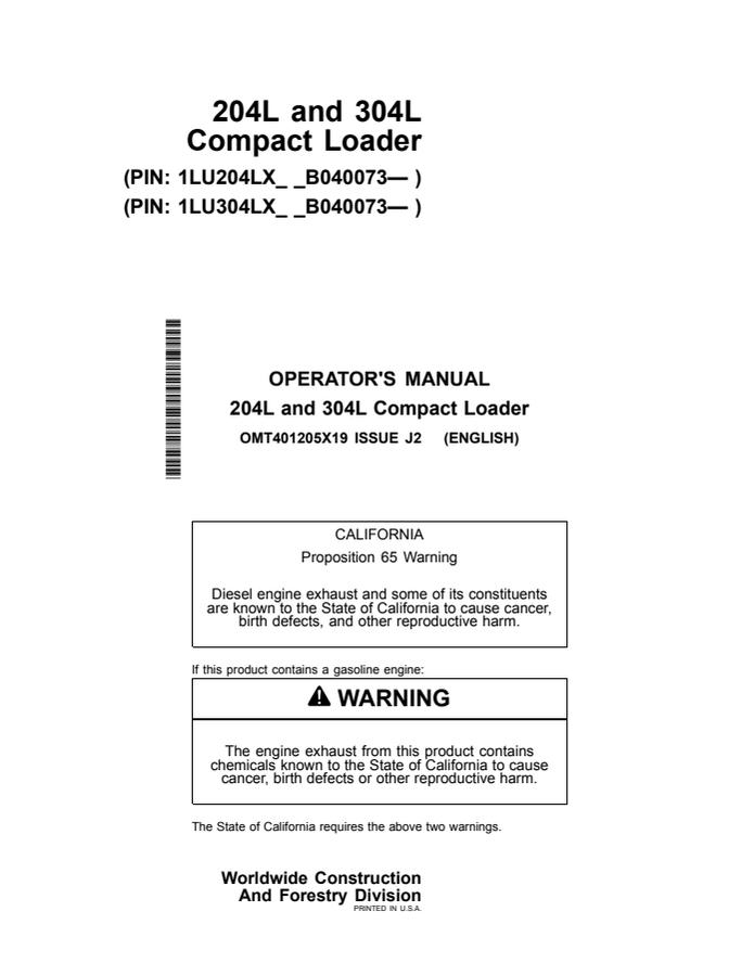 John Deere 204L, 304L Compact Loader Operator manual OMT401205X19 — actual manual cover